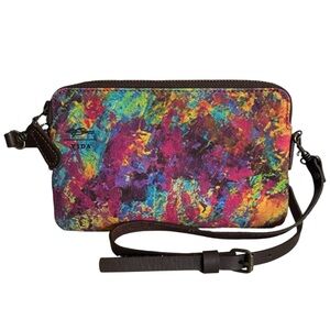 Vida Vibrant Multicolored Artistic Print Fabric Crossbody Bag Leather Strap